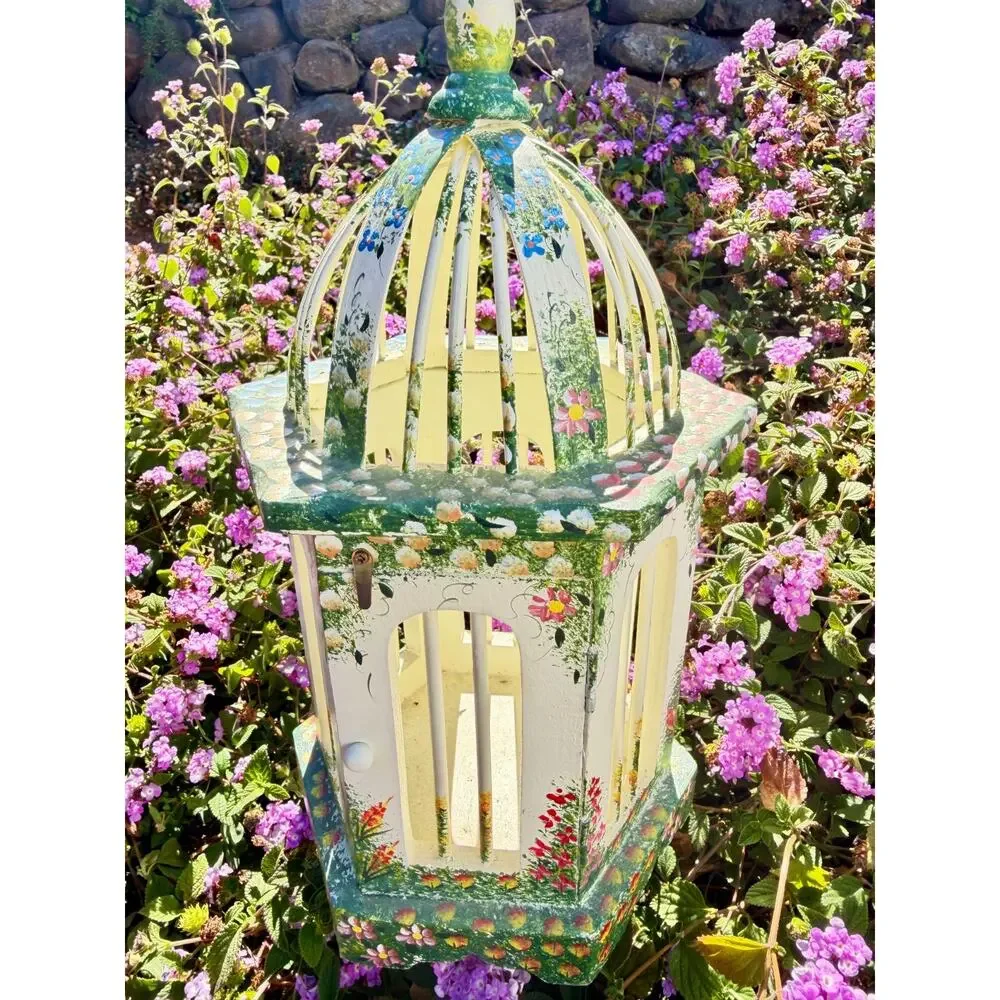 Hand Painted Wood Floral Birdcage Hanging Decor Folk Art Cottagecore Grandmacore
